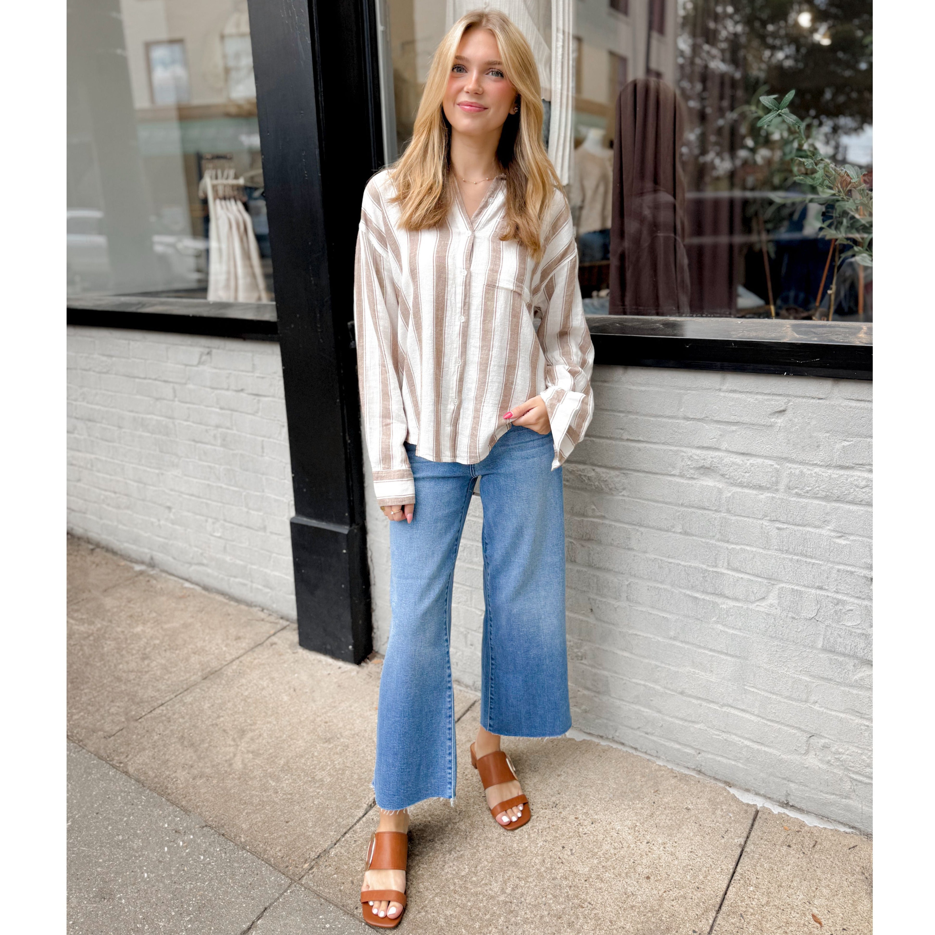 Perfect Striped Button Up | Toffee - Joanna A. Boutique