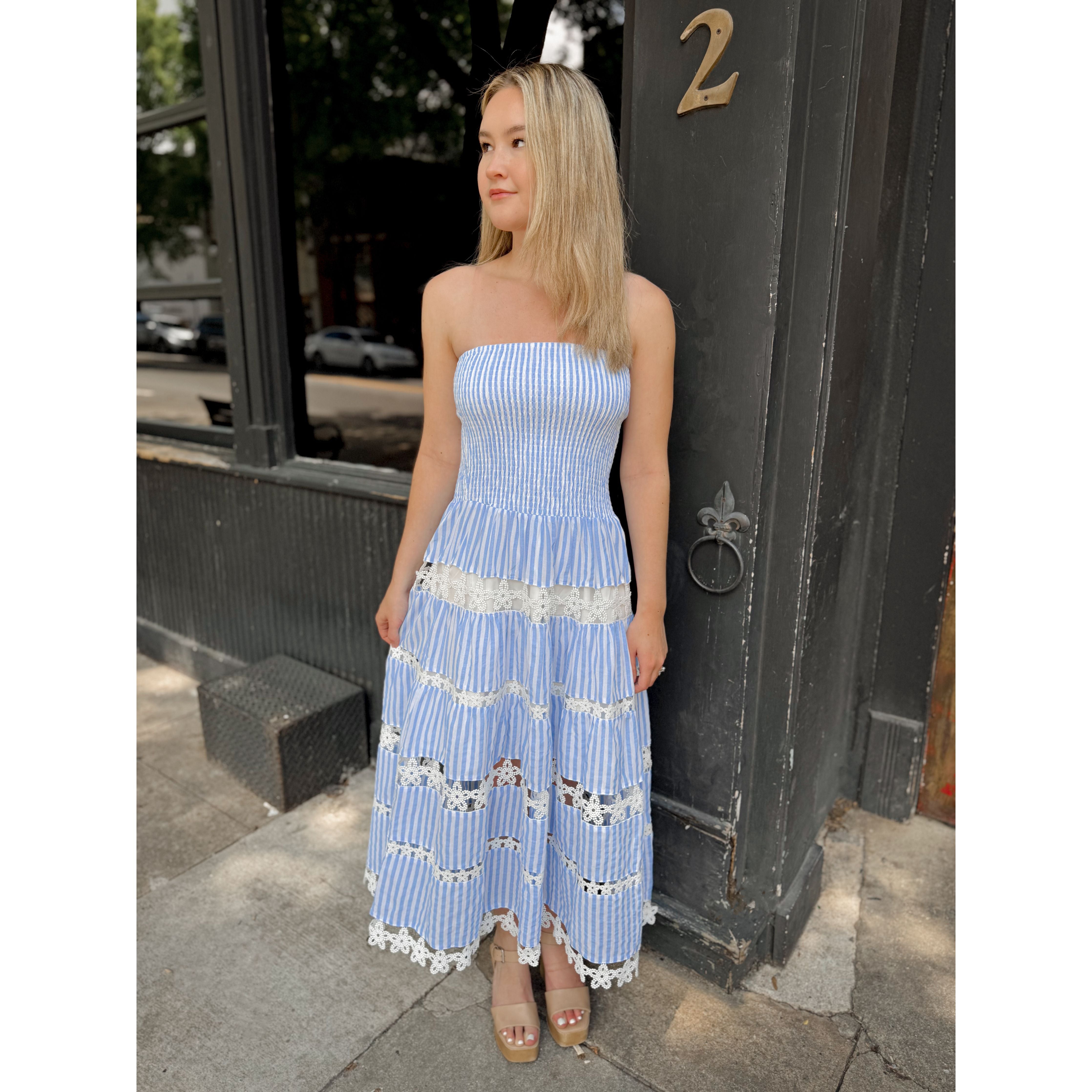 Mimi Eyelet Striped Midi Dress | Light Blue - Joanna A. Boutique