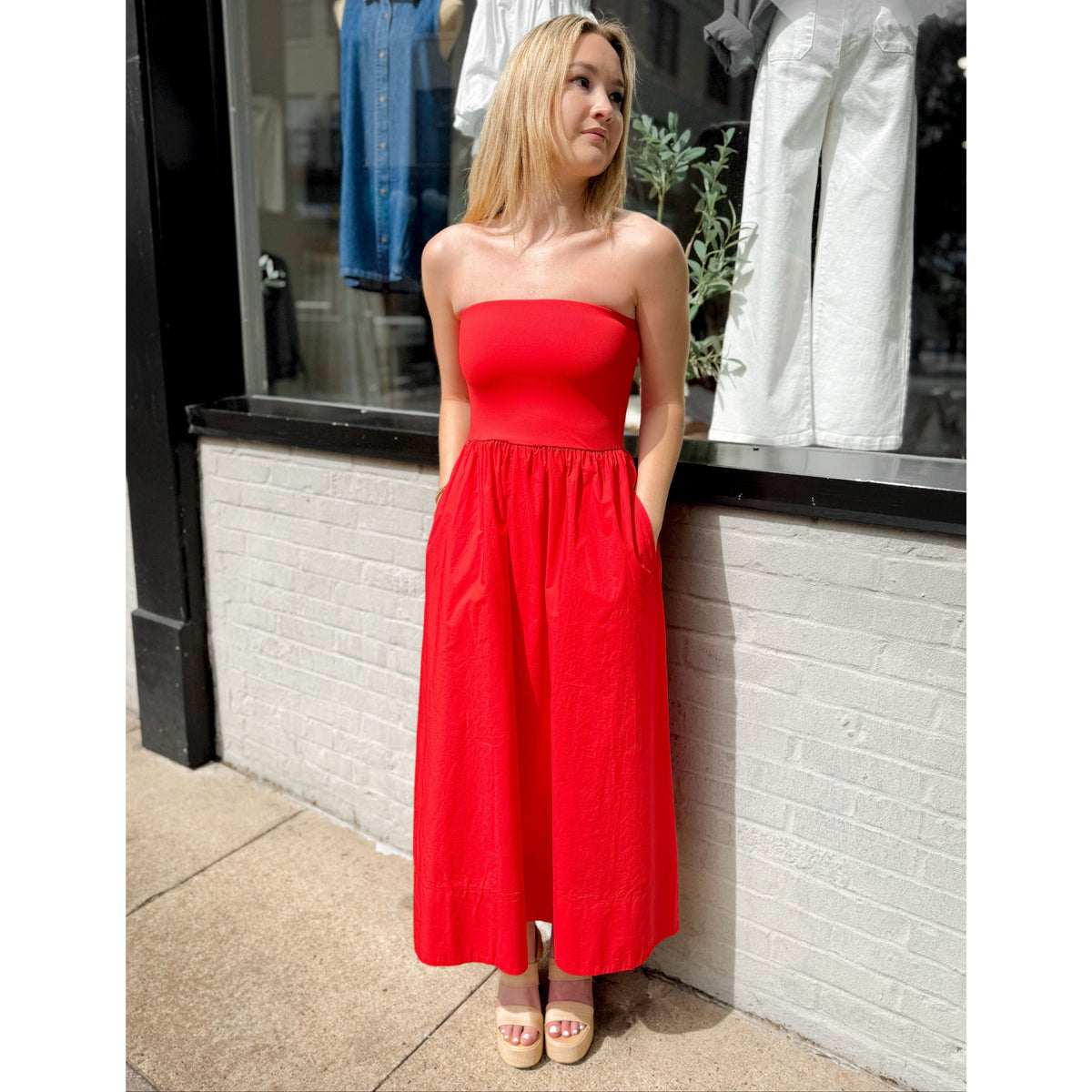 Sunsought Strapless Midi Dress | Lychee - Joanna A. Boutique