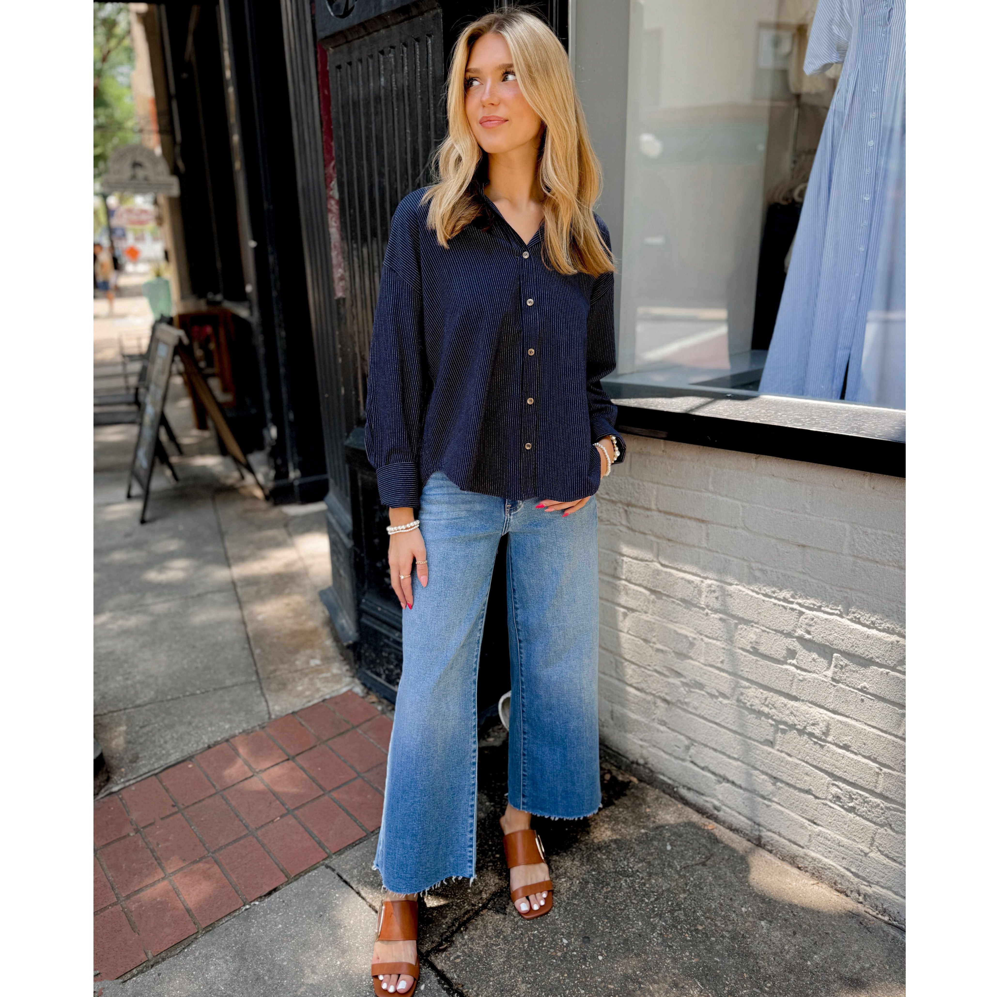 Ava Pinstriped Button Down | Navy - Joanna A. Boutique