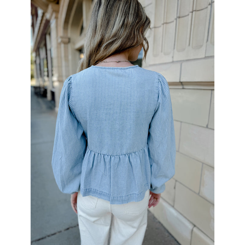 Kaylor Denim Bow Top | Pinstriped