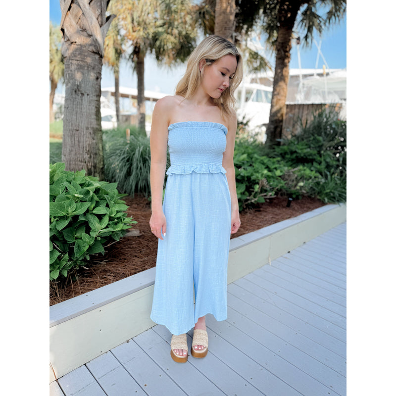 So Cal Smocked Jumpsuit | Powder Blue - Joanna A. Boutique