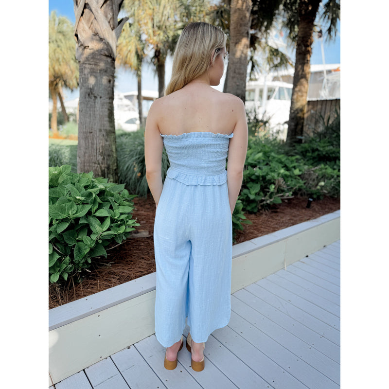 So Cal Smocked Jumpsuit | Powder Blue - Joanna A. Boutique