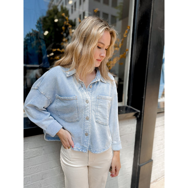 All Day Cropped Knit Denim Jacket