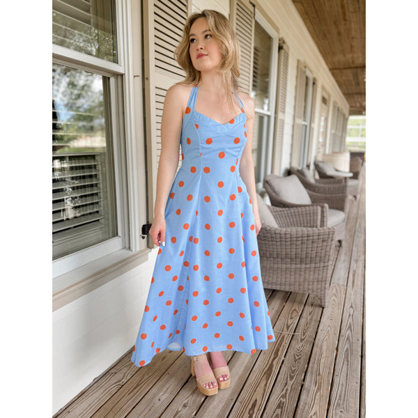 blue white halter dress Retro Stage Summer Halter Daisy Lace Swing Dress Blue Dress
