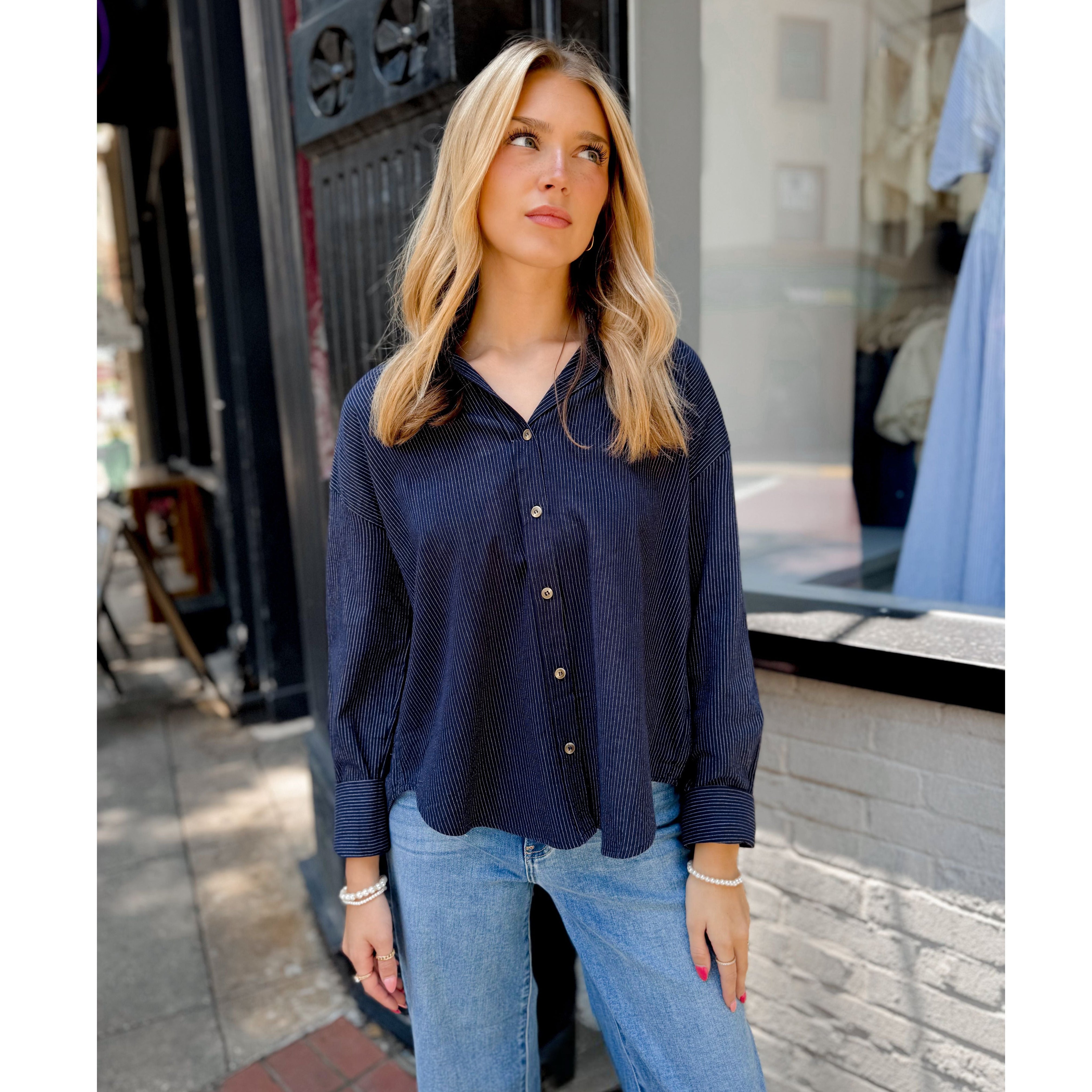 Ava Pinstriped Button Down | Navy - Joanna A. Boutique