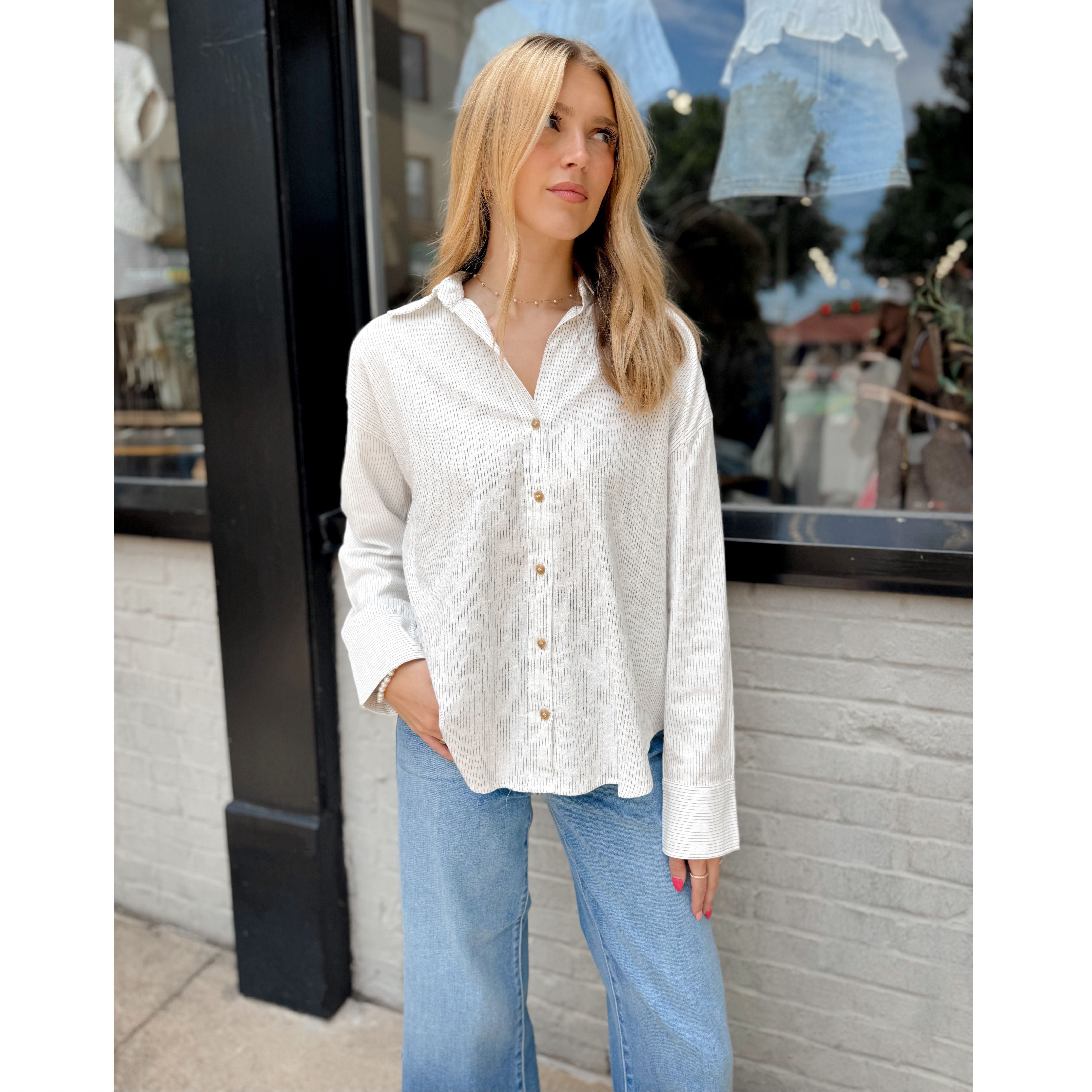 Ava Pinstriped Button Down | Ivory - Joanna A. Boutique