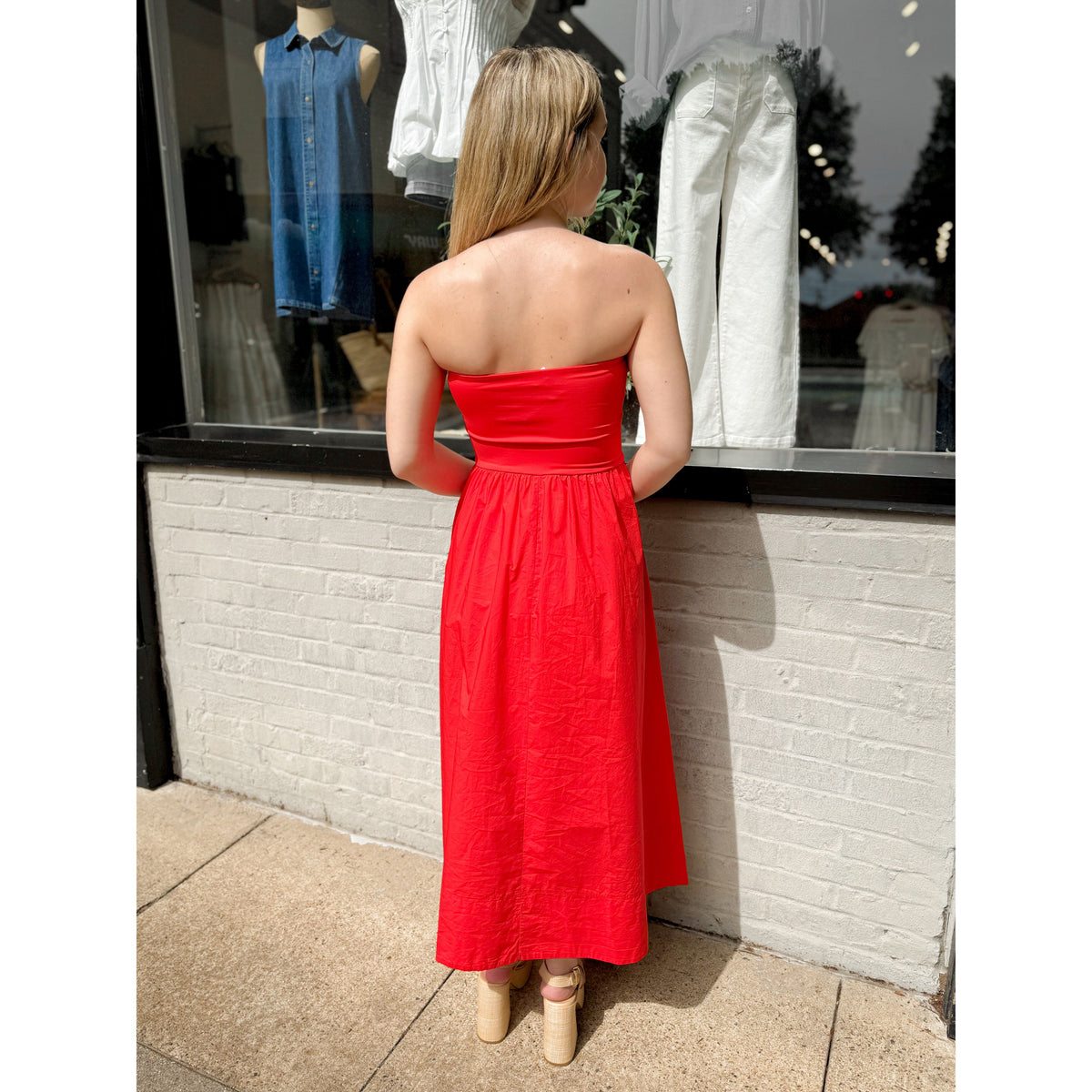 Sunsought Strapless Midi Dress | Lychee - Joanna A. Boutique