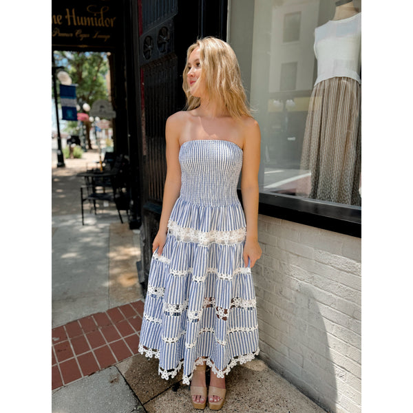 Mimi Eyelet Striped Midi Dress | Navy - Joanna A. Boutique