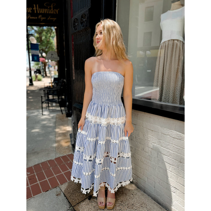 Mimi Eyelet Striped Midi Dress | Navy - Joanna A. Boutique