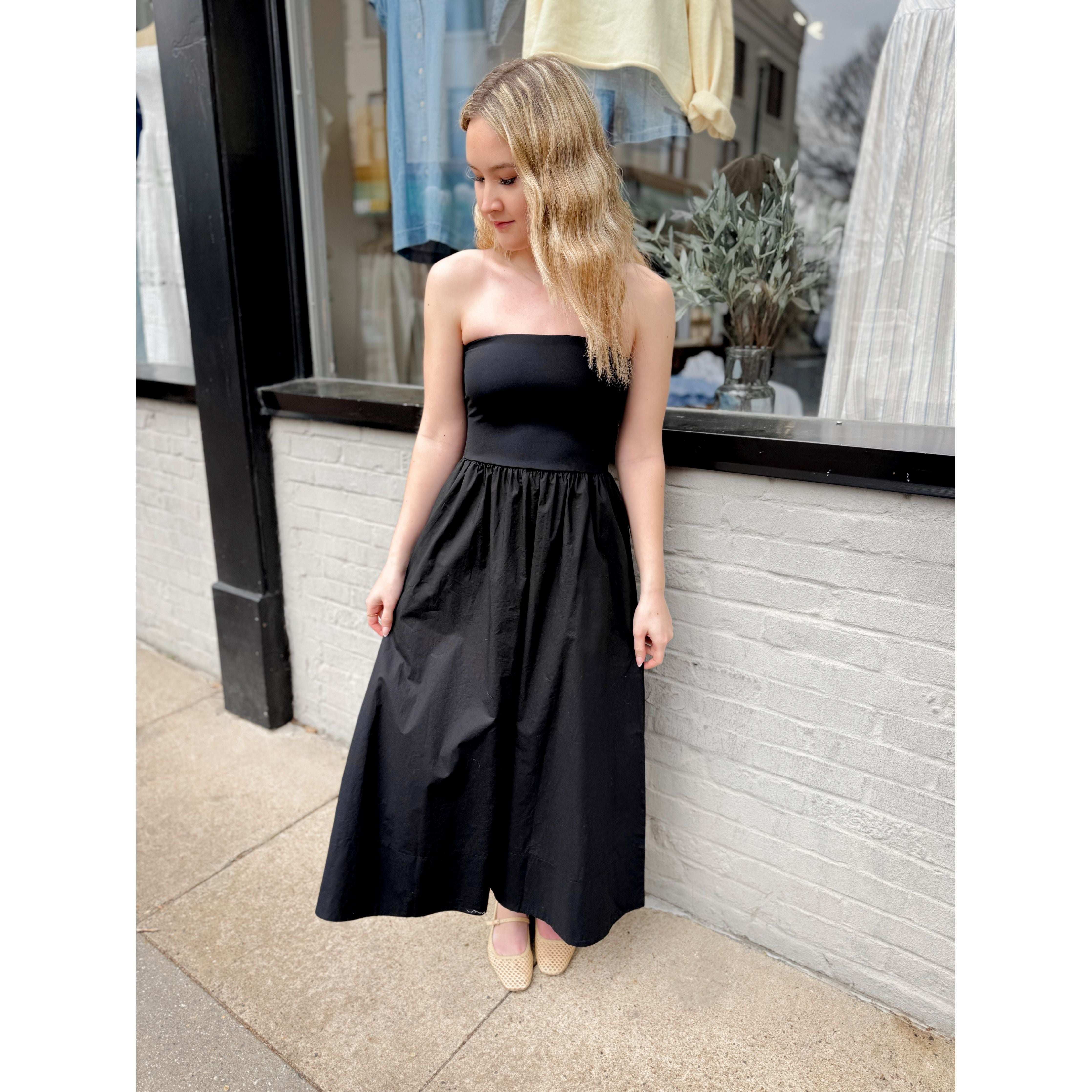 black strapless tea length dress Sunsought Midi Savannah 65