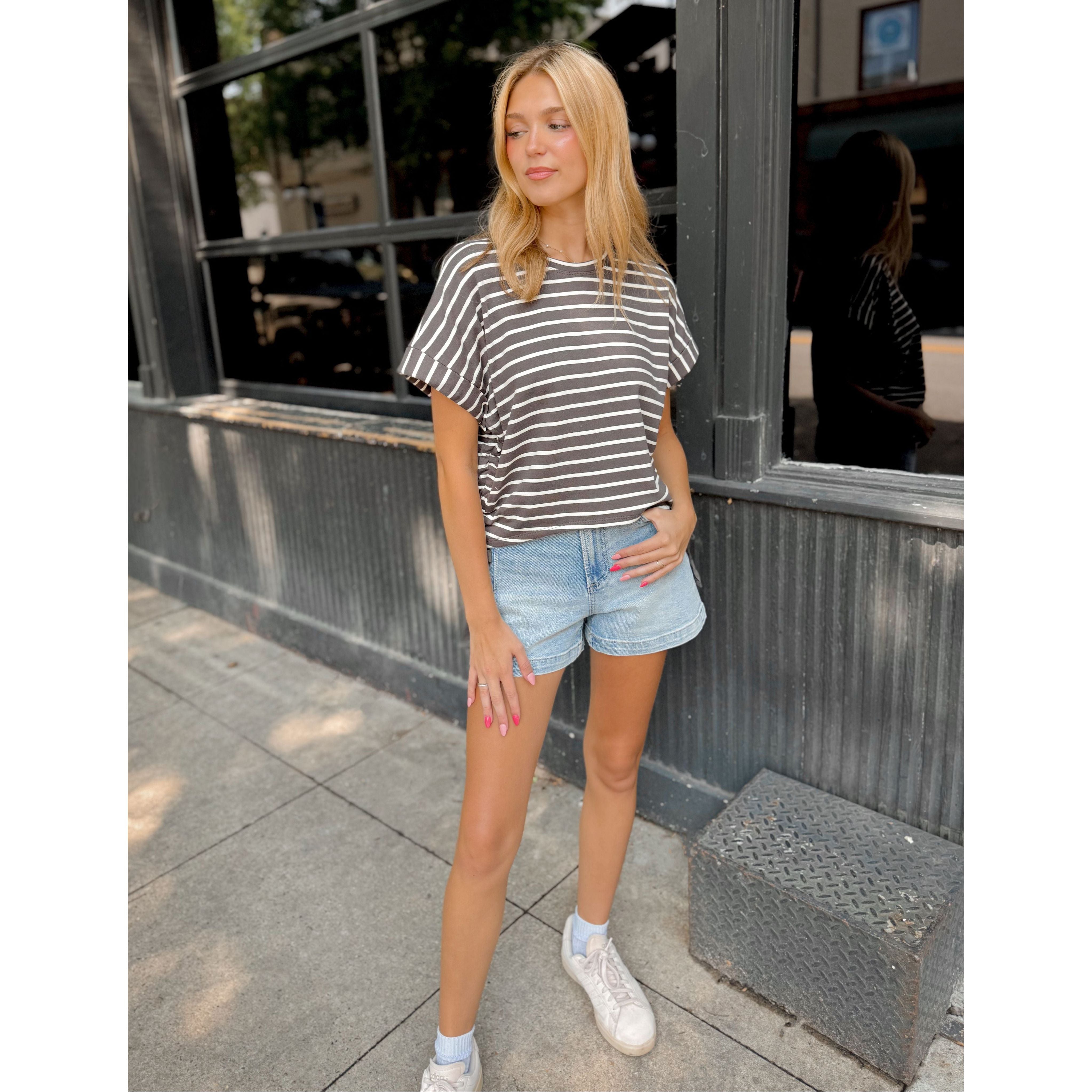 Parker Striped Tee | Steel Gray - Joanna A. Boutique