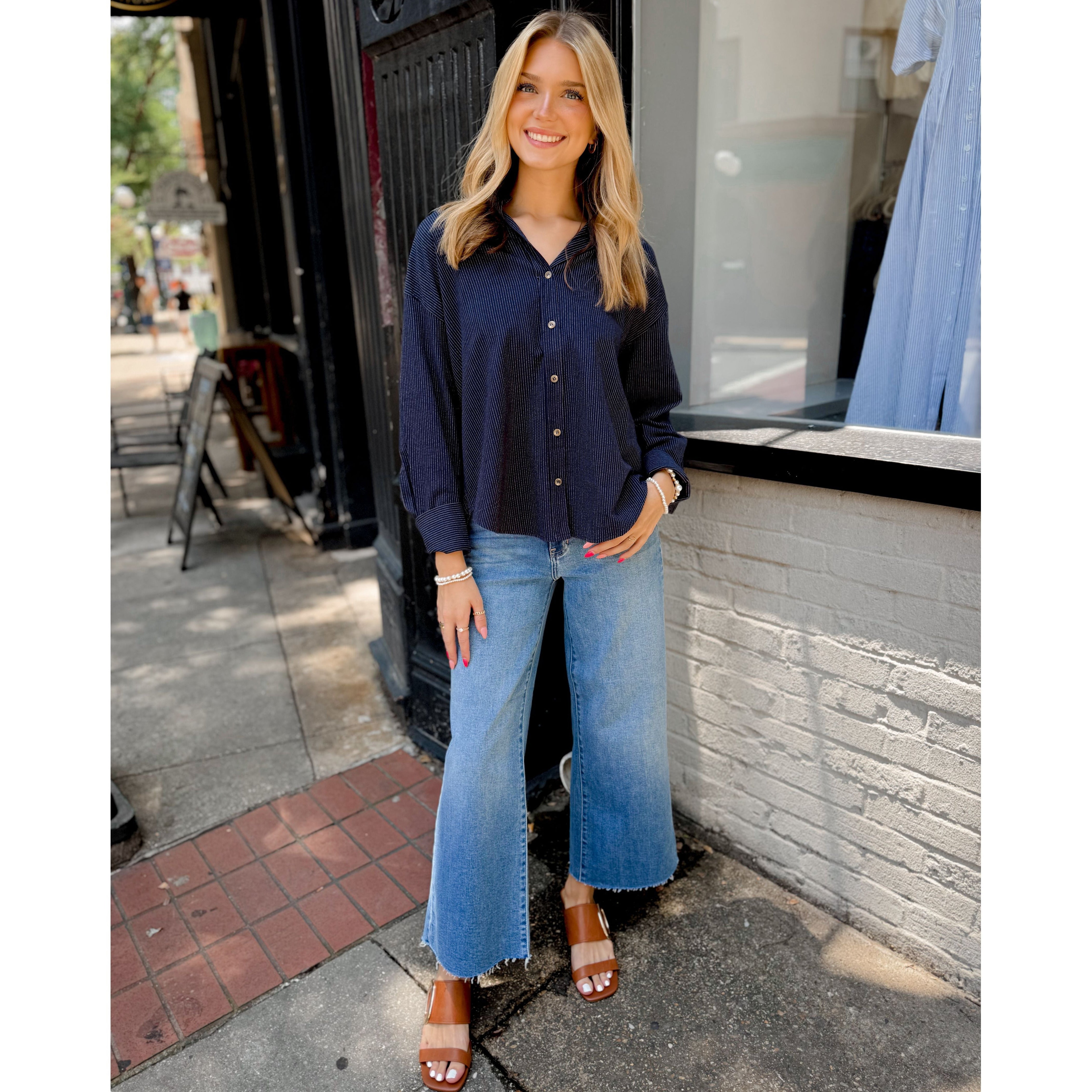 Ava Pinstriped Button Down | Navy - Joanna A. Boutique