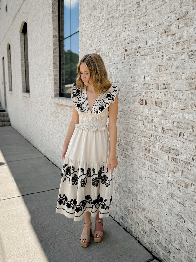 Mae Embroidered Linen Midi Dress | Joanna A. Boutique