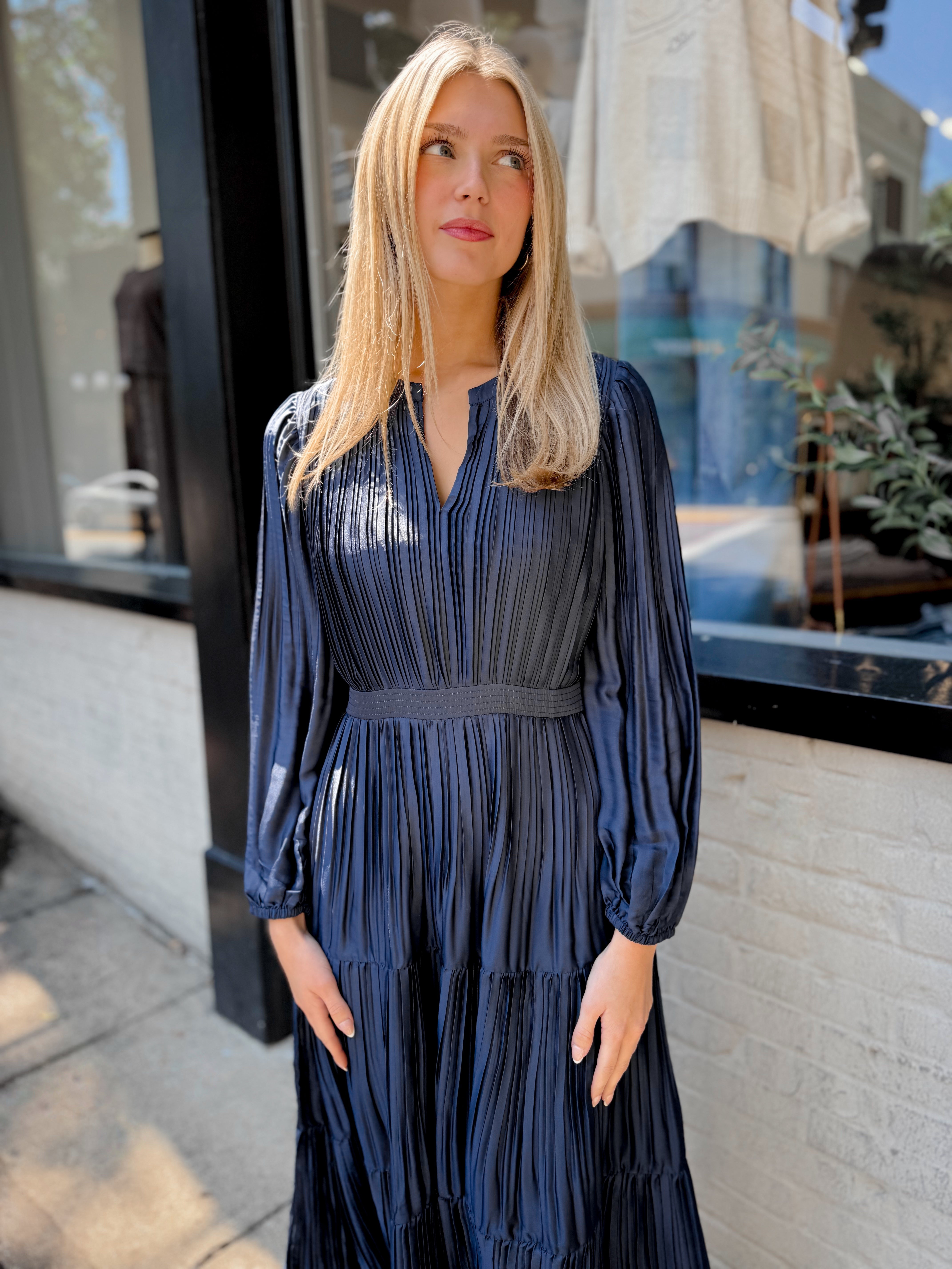 Faye Pleated Maxi Dress | Navy