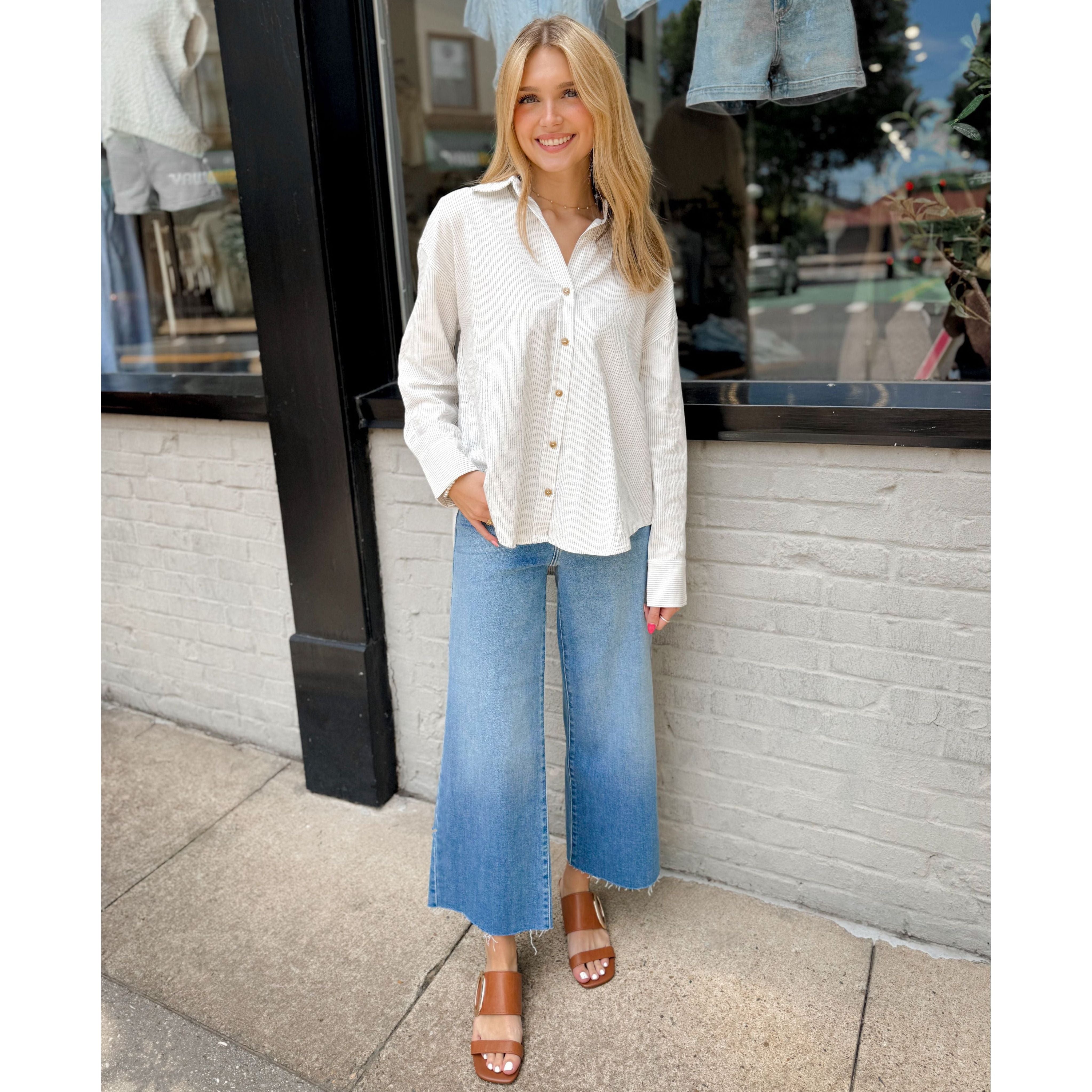 Ava Pinstriped Button Down | Ivory - Joanna A. Boutique