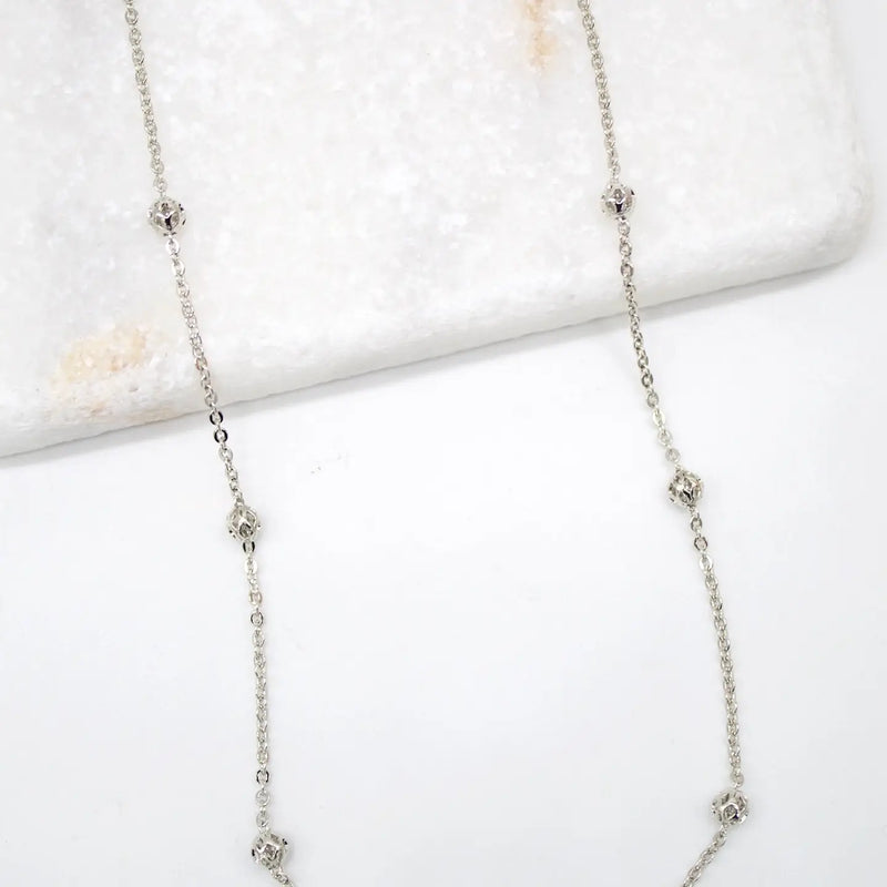 18K Rhodium Filled Beaded Diamond Cut Necklace